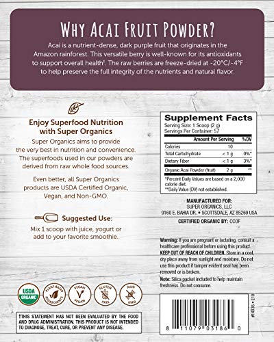 Super Organics Acai Fruit Powder | Brazilian Superfood | Antioxidants – Vegan & Non-GMO, 4 Oz