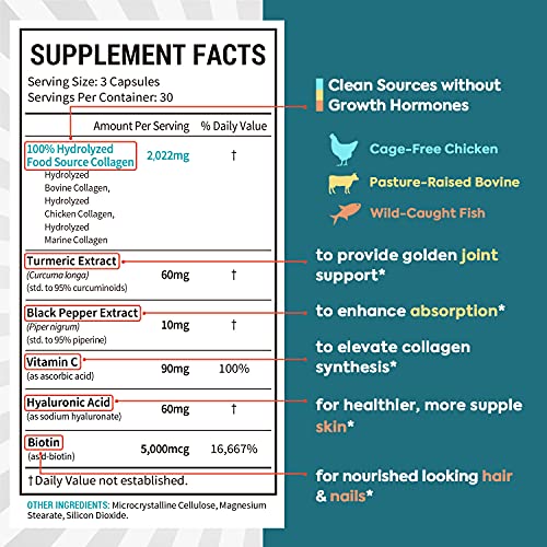 Surebounty 6-in-1 Super Collagen, Food Source Type I, II, III, Exclusive Formula, Turmeric + Black Pepper + Vitamin C + Hyaluronic Acid + Biotin, Keto & Paleo, No Hormone, No Sugar, Anti-Aging, 90 ct
