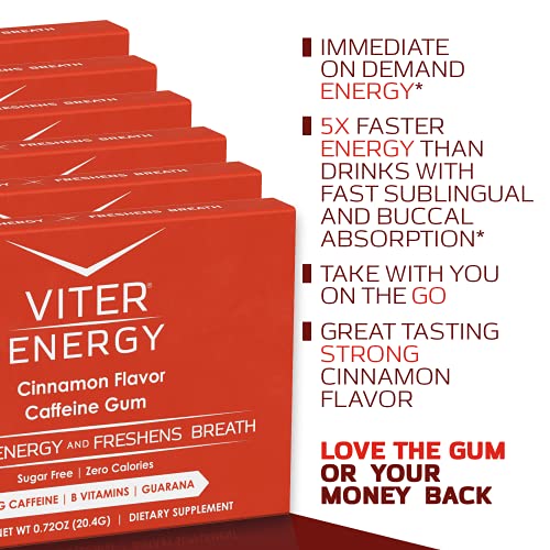 Viter Energy Caffeinated Gum - 60mg Caffeine, B Vitamins, Guarana, Sugar Free Vegan Chewing Gum. Zero Calories. Performance Nootropic Chews for Powerful Energizing Focused Boost (Cinnamon, 6 Pack)