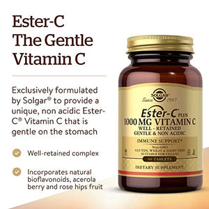 Solgar Ester-C Plus 1000 mg Vitamin C (Ascorbate Complex), 60 Tablets - Gentle On The Stomach & Non Acidic - Antioxidant & Immune System Support - Non GMO, Vegan, Gluten Free, Kosher - 60 Servings