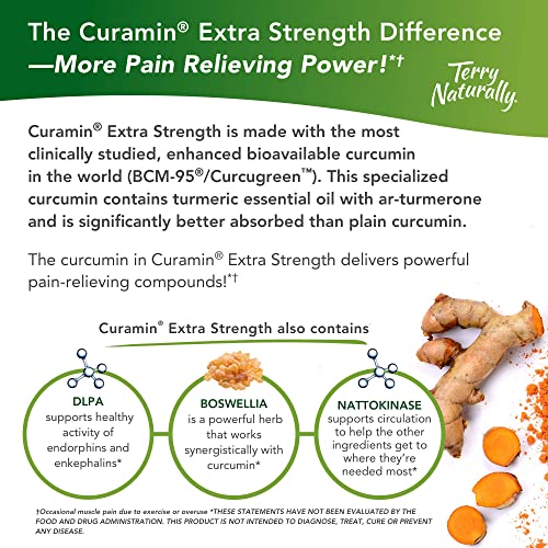 Terry Naturally Curamin Extra Strength - 60 Vegan Tablets - Non-Addictive Pain Relief Supplement with Curcumin from Turmeric, Boswellia & DLPA - Non-GMO, Gluten-Free - 20 Servings