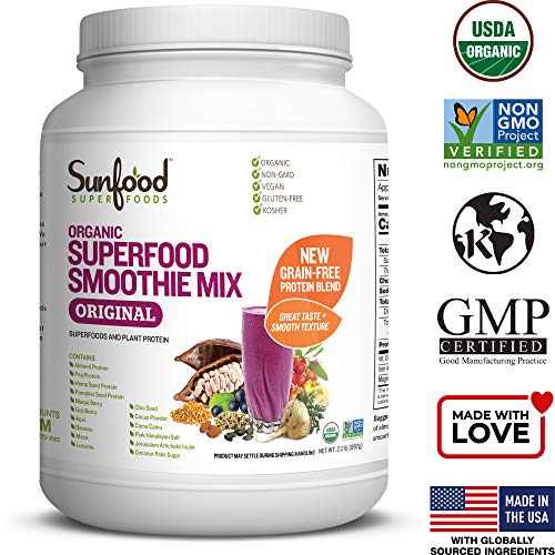 Sunfood Organic Superfood Smoothie Mix- Original Flavor | New Plant-Based Protein Blend (Pea, Hemp, Almond, Pumpkin) High Quality All-Natural Ingredients | Non-GMO, Vegan, Gluten Free- 2.2 lb Bulk Tub