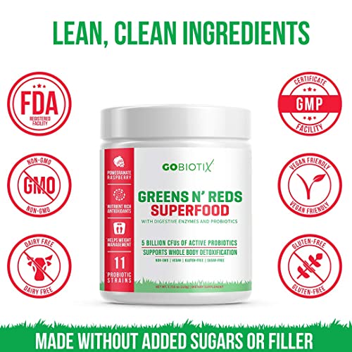 GoBiotix Greens N' Reds Superfood Powder | Non-GMO + Vegan | Probiotics + Enzymes + Organic Whole Foods | Sugar Free + Gluten Free Fruit + Veggie Supplement (Pomegranate Raspberry, 30 Servings)