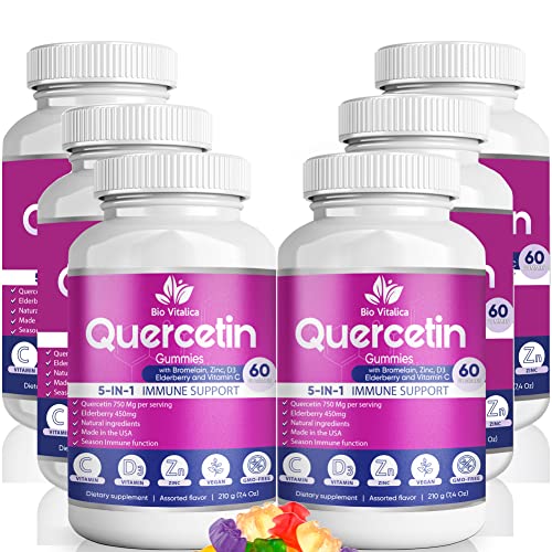 Quercetin Gummies by BioVitalica - Quercetin with Bromelain Vitamin C and Zinc & Elderberry + Vitamin D3 - 5 in 1 Immune Support - Zinc Quercetin 750 mg for Kids and Adults (6)
