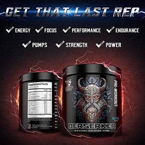 Viking Supps Berserker Pre-Workout, with Creatine, Beta-Alanine, and Caffeine for Energy, Blue Rage (Blue Razz) Flavor, 24 Servings