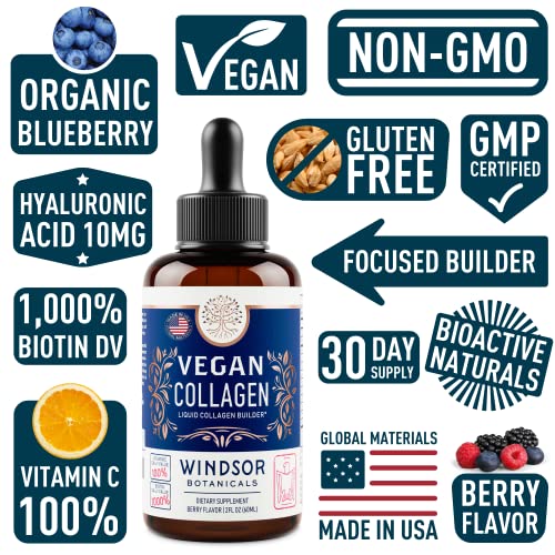 Vegan Collagen Supplement with Biotin Liquid - Age Defense Formula for Youthful Skin, Strong Hair and Nails, and Pain-Free Joints - Gluten-Free, Non-GMO Liquid Collagen Builder - Berry Flavor - 2 oz