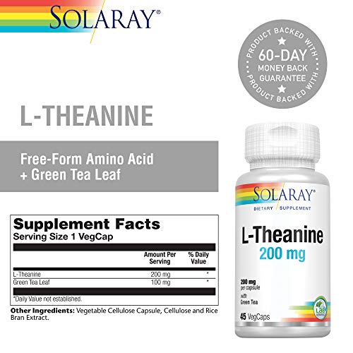 Solaray L-Theanine 200mg w/Green Tea Leaf 100mg | Relaxation, Stress, Mood & Focus Support w/Out Drowsiness | 45 VegCaps