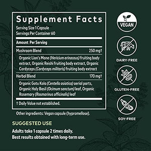 Gaia Herbs, Mushrooms + Herbs Mental Clarity, Brain & Cognitive Support, Cordyceps, Reishi, Gotu Kola, Vegan Powder Capsules, 60 Count