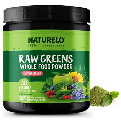 NATURELO Raw Greens Superfood Powder - Unsweetened - Boost Energy, Detox, Enhance Health - Organic Spirulina - Wheat Grass - Whole Food Nutrition from Fruits and Vegetables - 30 Servings