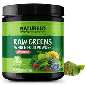 NATURELO Raw Greens Superfood Powder - Unsweetened - Boost Energy, Detox, Enhance Health - Organic Spirulina - Wheat Grass - Whole Food Nutrition from Fruits and Vegetables - 30 Servings