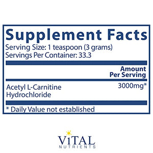 Vital Nutrients - Acetyl L-Carnitine Powder - Supports Normal Brain Function and Memory - Vegetarian - 100 Grams - 3000 mg