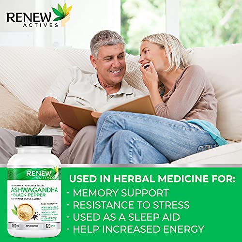 Renew Actives Organic ASHWAGANDHA Capsules: 1300 Mg of Ashwagandha with 10 Mg of Black Pepper - Powerful Herbal Supplement Traditionally Used to Support Sleep - 120 Veggie Supplements. Non-GMO