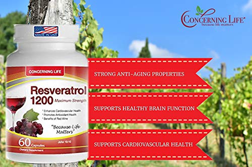 Resveratrol Capsule Supplement with Quercetin - Grape Seed Extract - Green Tea Resveratrol-1200mg Helps Promote Healthy Brain and Heart Function - 60 Capsules (1)