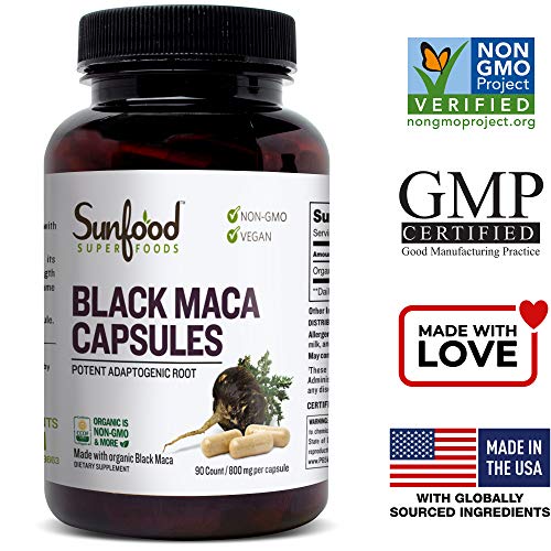 Sunfood Black Maca Capsules- Organic, Non-GMO, Vegan. For Men & Women. 100% Pure: No Additives, Fillers or Preservatives. 90 count. 800 mg Capsules