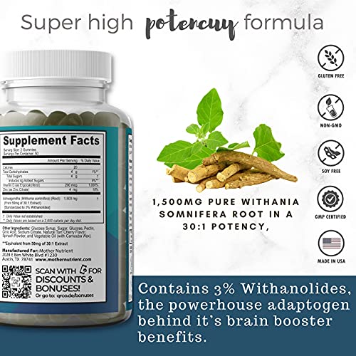 Ashwagandha Gummies by Mother Nutrient - 100 Low Sugar Gummy Made with Ashwaganda 30:1 Extract - Cortisol Stress Relief, Adrenal & Immunity Support - 1500 mg Supplement