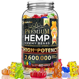 Wellution Hemp Gummies 2,600,000 XL High Potency - Fruity Gummy Bear with Hemp Oil - Natural Hemp Candy Supplements for Soreness, Stress & Inflammation - Promotes Sleep and Calm Mood