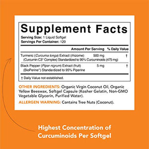 Turmeric Curcumin C3 Complex 500mg, Enhanced with Black Pepper & Organic Coconut Oil for Better Absorption; Non-GMO & Gluten Free - 120 Count