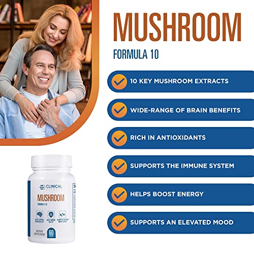 Clinical Effects Mushroom Formula 10 - Natural Mushroom Supplement for Focus, Mood, and Brain Booster Support - Nootropic Supplement and Immune Support - 60 Veggie Capsules - Made in The USA