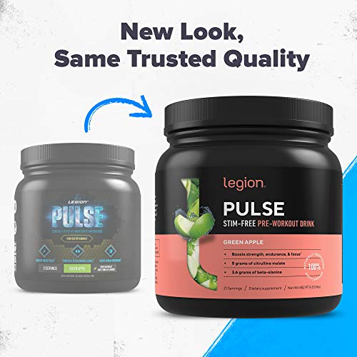 Legion Pulse, Best Caffeine Free Natural Pre Workout Supplement for Women and Men – Powerful Nitric Oxide Booster, Non Stimulant w/Beta Alanine, Citrulline and Alpha GPC, (Caffeine Free Green Apple)