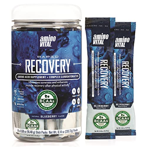 Amino VITAL Rapid Recovery- BCAAs Amino Acid Post Workout Powder Packets | Muscle Recovery Drink with Glutamine | Vegan, Gluten Free Supplement | 14 Single Serve BCAA Travel Packets | Blueberry Flavor