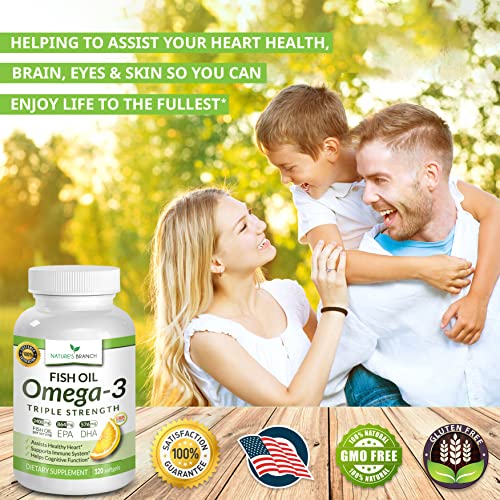 Best Triple Strength Omega 3 Fish Oil Pills 2400mg Burpless High Potency Lemon Flavor - 864mg EPA 576mg DHA Ultra Pure Liquid Softgels 120 Capsules for Brain Joints Eyes Hair Heart Health Supplement