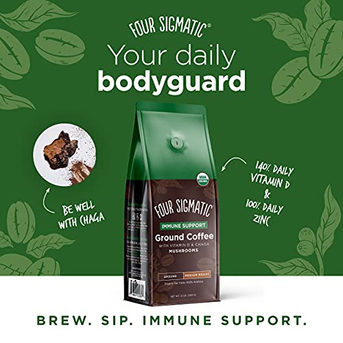 Four Sigmatic Mushroom Ground Coffee, Immunity Support, Organic and Fair Trade Ground Coffee with Vitamin D and Chaga Mushrooms, Keto, 12 Oz