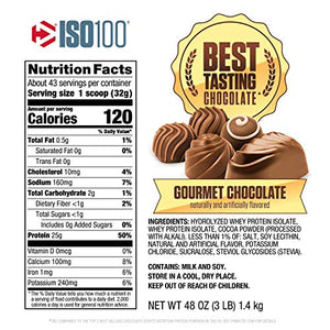 Dymatize ISO100 Hydrolyzed Protein Powder, 100% Whey Isolate Protein, 25g of Protein, 5.5g BCAAs, Gluten Free, Fast Absorbing, Easy Digesting, Gourmet Chocolate, 3 Pound