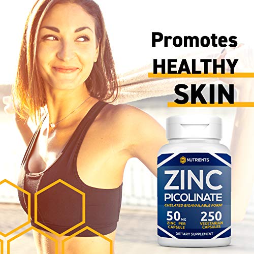 Zinc Picolinate 50 mg (250 Capsules) Chelated Zinc Supplements for Healthy Immune Support, Skin, and Eyes, Advanced Absorption Zinc Tablets, Bioavailable Non-GMO, Gluten Free, Dairy Free, Soy Free