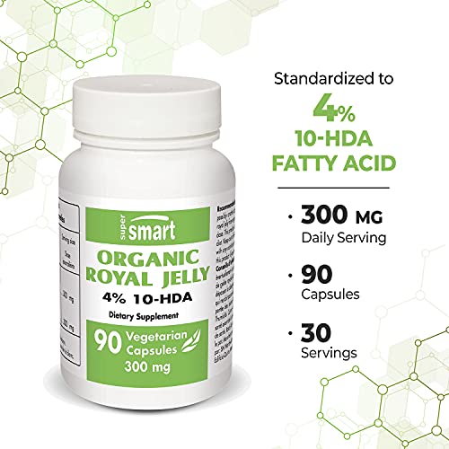 Supersmart - Organic Royal Jelly 4 % 10-HDA 100 mg - Support Immune System - Helps to Restore Energy, Drive & Vitality in Periods of Fatigue | Non-GMO & Gluten Free - 90 Vegetarian Capsules