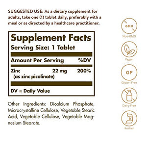Solgar Zinc Picolinate 22 mg, 100 Tablets - Promotes Healthy Skin - Supports Immune System, Normal Taste & Vision - Antioxidant - Non GMO, Vegan, Gluten Free, Dairy Free, Kosher - 100 Servings