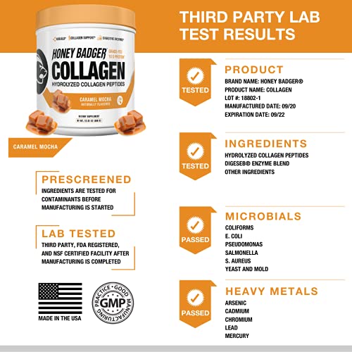 Honey Badger Collagen Peptides Powder | Keto Caramel Mocha Grass Fed Hydrolyzed Collagen Protein Coffee Creamer | Gluten Free, Natural, Non-GMO, Paleo | Skin, Hair, Nail, and Joint Health, 30 Servings