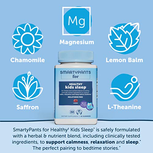 SmartyPants Kids Sleep Gummies: Melatonin FREE; Magnesium for Nervous System Support; L-Theanine for Relaxation; Saffron for Sleep Support, Chamomile & Lemon Balm, Cherry flavor, 42 Ct (21 Day Supply)