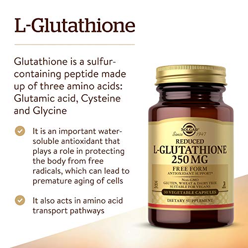 Solgar Reduced L-Glutathione 250 mg, 30 Vegetable Capsules - Antioxidant Support - Free Form Amino Acids - Non-GMO, Vegan, Gluten Free, Dairy Free, Kosher - 30 Servings