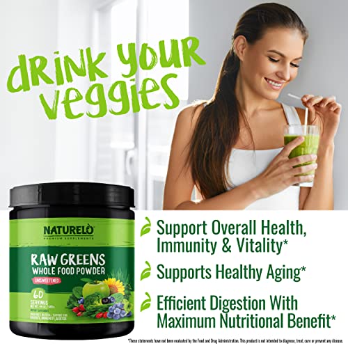 NATURELO Raw Greens Superfood Powder - Unsweetened - Boost Energy, Detox, Enhance Health - Organic Spirulina - Wheat Grass - Whole Food Nutrition from Fruits & Vegetables - 60 Servings