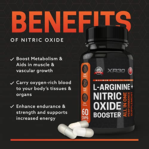 XR30 L-Arginine + Maximum Strength Formula Nitric Oxide Booster - All in One Performance Supplement - 60 Caps