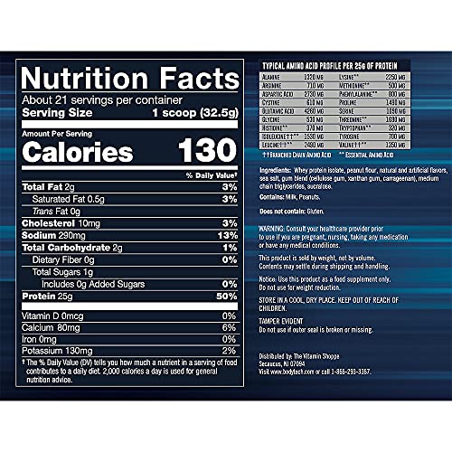 Whey Protein Isolate Powder with 25 Grams of Protein per Serving, BCAA's Ideal for Post Workout Muscle Building and Growth, Contains Milk and Soy, Peanut Butter (1.5 Pounds) by BodyTech