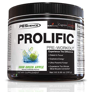 PEScience Prolific Pre Workout Powder, Sour Green Apple, 40 Scoop, Energy Supplement with Nitric Oxide