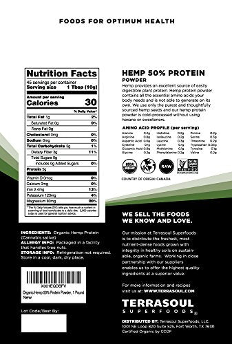 Terrasoul Superfoods Organic Hemp Protein Powder (50% Protein), 2 Pounds