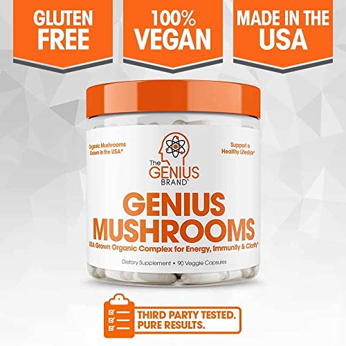 Genius Mushroom – Lions Mane, Cordyceps and Reishi – Immune System Booster & Nootropic Brain Supplement – Wellness Formula for Natural Energy, Stress Relief, Memory & Liver Support, 90 Veggie Pills