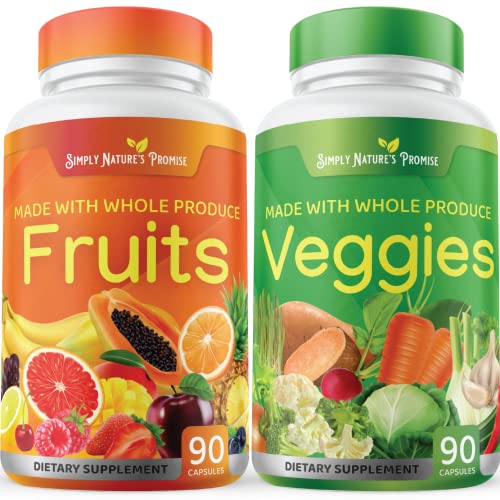 Fruit and Vegetable Supplements - 90 Veggie and 90 Fruit Capsules - Made with Whole Food Superfoods, Packed Vitamins & Minerals - No Fillers or Extracts - Soy Free - by Simply Nature's Promise