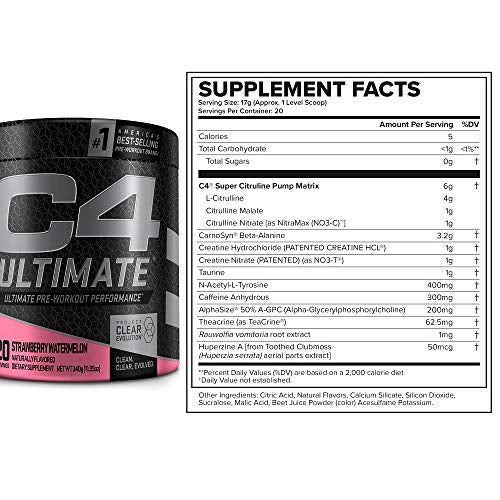 C4 Ultimate Pre Workout Powder Watermelon - Sugar Free Preworkout Energy Supplement for Men & Women - 300mg Caffeine + 3.2g Beta Alanine + 2 Patented Creatines - 20 Servings