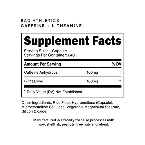 Bad Athletics Caffeine 100mg + L-Theanine 100mg Capsules | Focus & Energy | Nootropics Supplement | 240 Servings