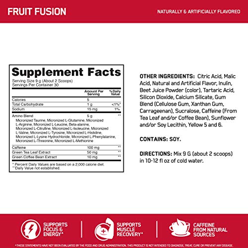 Optimum Nutrition Amino Energy - Pre Workout with Green Tea, BCAA, Amino Acids, Keto Friendly, Green Coffee Extract, Energy Powder - Fruit Fusion, 30 Servings