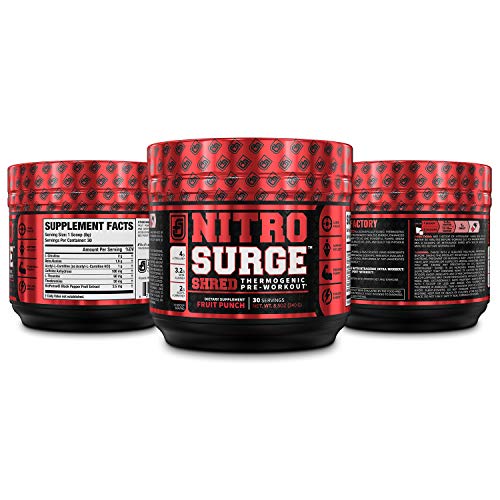 NITROSURGE Shred Pre Workout Supplement - Energy Booster, Instant Strength Gains, Sharp Focus, Powerful Pumps - Nitric Oxide Booster & PreWorkout Powder - 30Sv, Fruit Punch