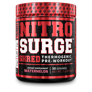 NITROSURGE Shred Pre Workout Supplement - Energy Booster, Instant Strength Gains, Sharp Focus, Powerful Pumps - Nitric Oxide Booster & PreWorkout Powder - 30Sv, Watermelon