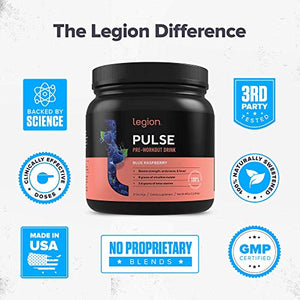 Legion Pulse Pre Workout Supplement - All Natural Nitric Oxide Preworkout Drink to Boost Energy, Creatine Free, Naturally Sweetened, Beta Alanine, Citrulline, Alpha GPC (Blue Raspberry) 21 Servings