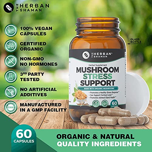 The Herban Shaman’s Mushroom Stress Support Capsules | Organic Mushroom Herbal Capsules with Reishi, Lions Mane, Turkey Tail, Lemon Balm, Bacopa (60 Capsules)