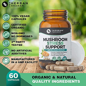 The Herban Shaman’s Mushroom Stress Support Capsules | Organic Mushroom Herbal Capsules with Reishi, Lions Mane, Turkey Tail, Lemon Balm, Bacopa (60 Capsules)