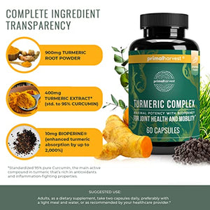 Turmeric Curcumin with Black Pepper (BioPerine) by Primal Harvest, 60 Turmeric Capsules works as Anti Inflammatory Supplement, Joint Supplement, Inflammation supplements - Tumeric Supplements Capsules