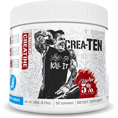Rich Piana 5% Nutrition CreaTEN 10-in-1 Formula | Flavored Creatine Powder for Muscle Gain | Enhance Power, Strength, Endurance, & Recovery | 9.21 oz, 30 Srvngs (Blueberry Lemonade)